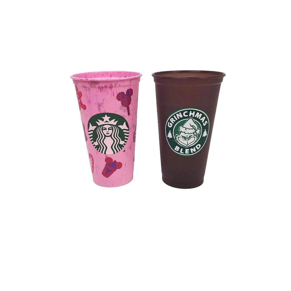 Starbucks Holiday Reusable Hot Cup Set Pink Disney Treats & Brown Grinchmas 16oz
